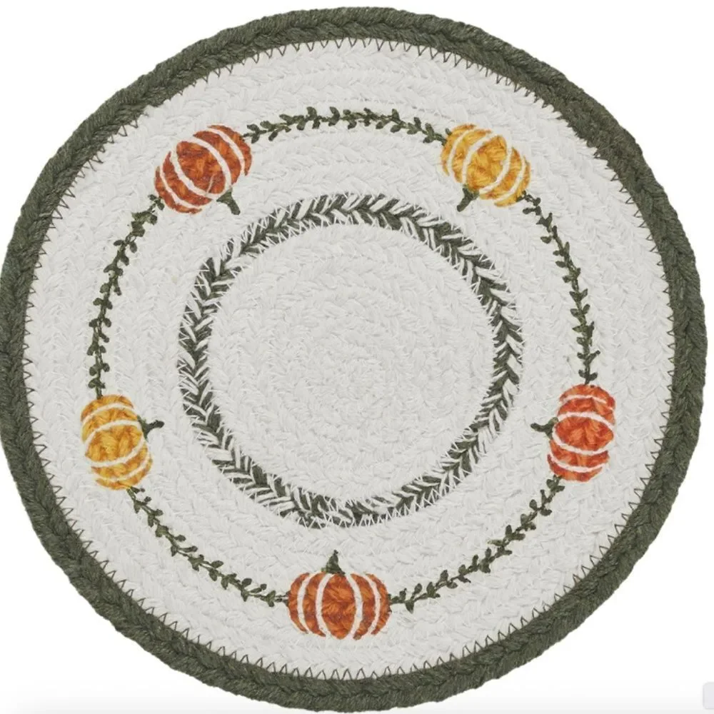Autumn Harvest Pumpkin Stencil Jute Braided Trivet 8 inch Round Kitchen Table